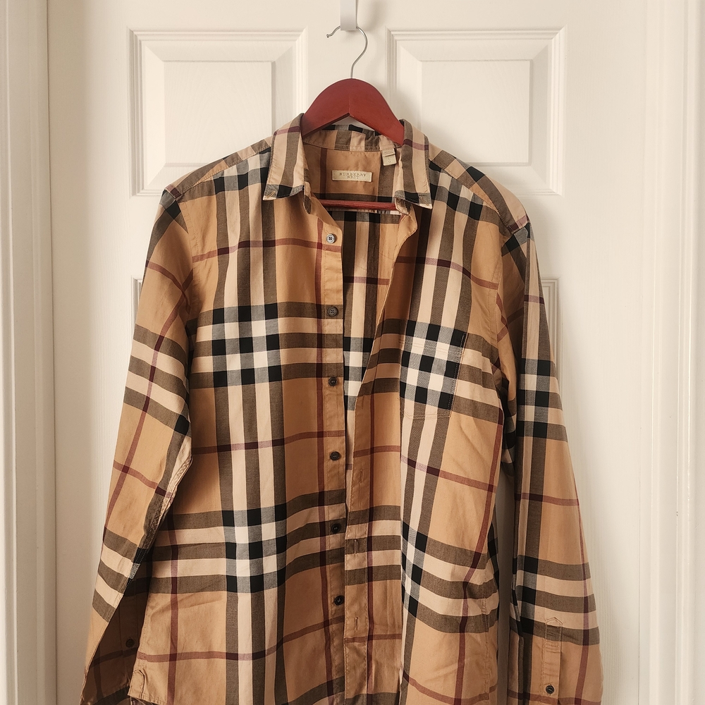 Burberry Tan Plaid Button-Up Shirt- Classic, Preppy, Business Casual, minimalist
